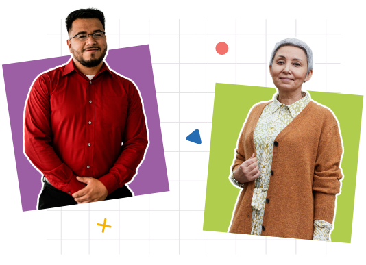 Half body shot of smiling young man and older woman