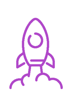 A purple graphic of a rocket lifting off