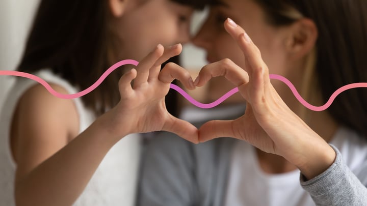 Caucasian mother and daughter doing a heart shape with their hands