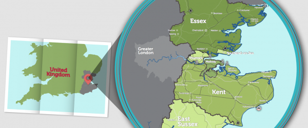 A map of the UK zoomed in on the south east region