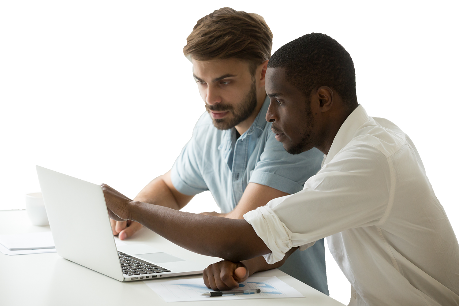 Two young men looking at laptop