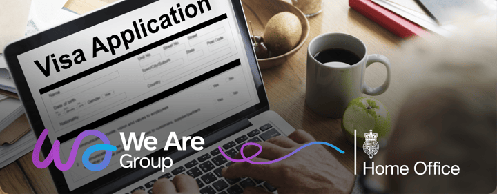 A person using a laptop to fill our their online Visa application, overlayed with We Are Group's and the Home Office logo