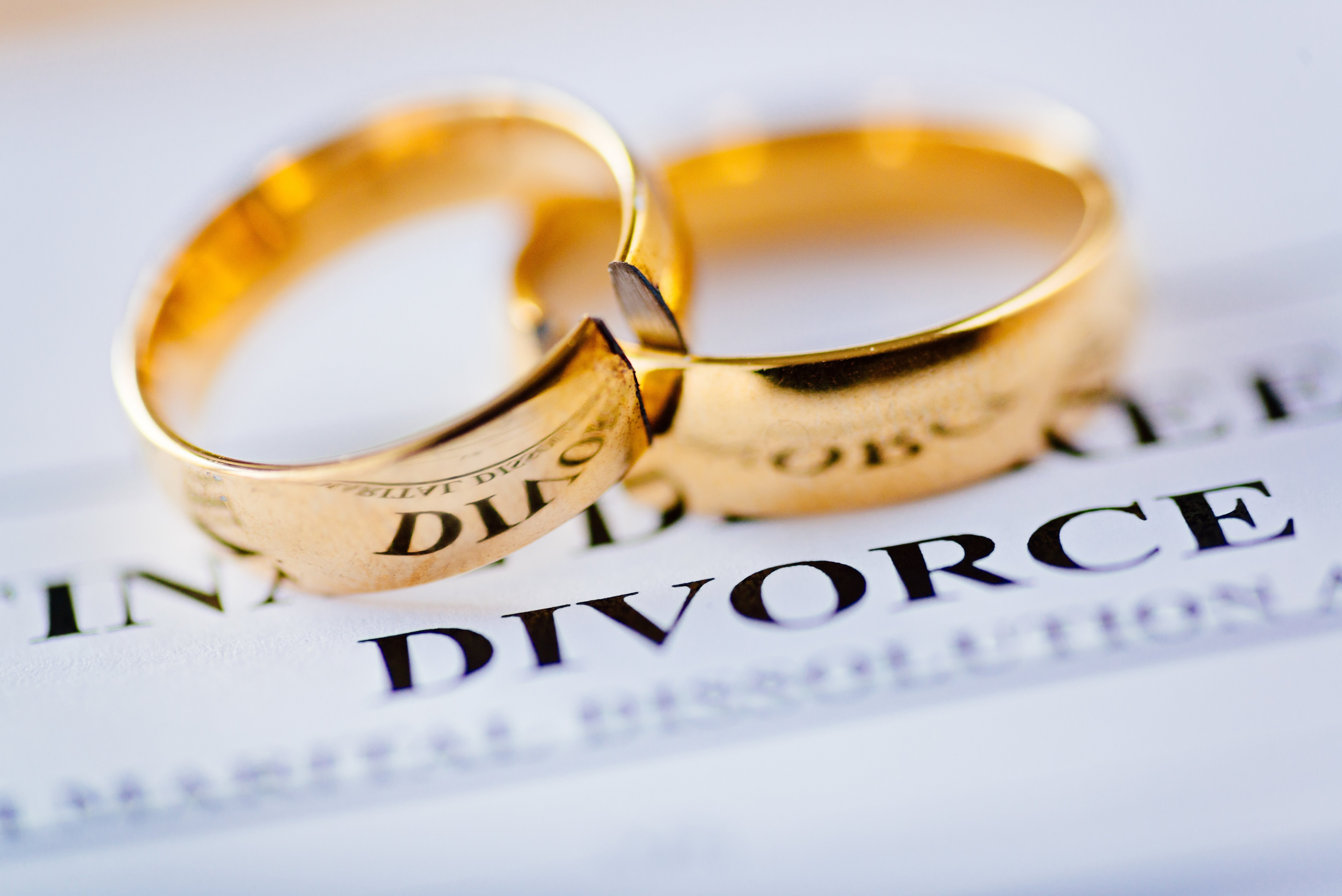 broken wedding rings and divorce papers